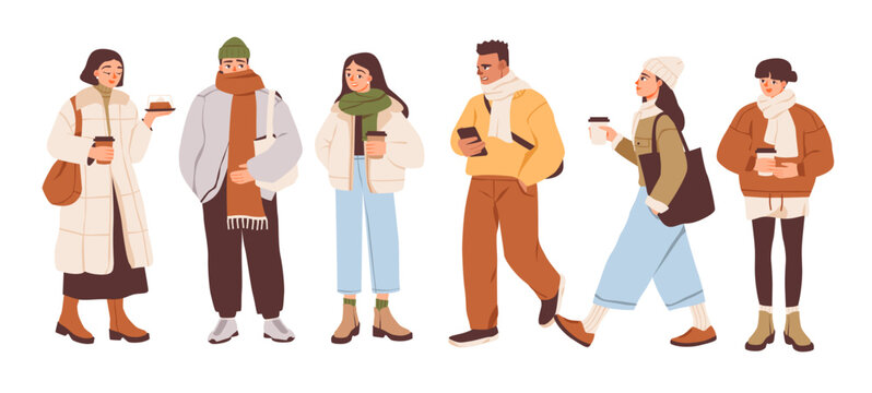 Trendy people in warm autumn and winter clothing. Cozy modern outfits. Stylish young men and women in fashionable seasonal apparel. Flat vector illustration set.