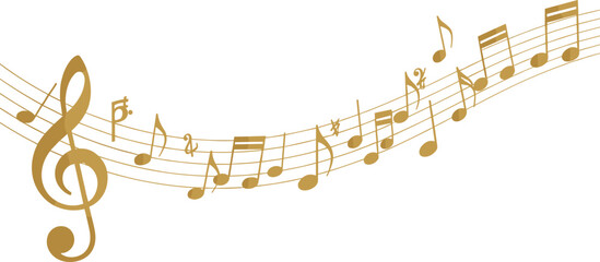 Musical notes illustration, golden music staff, melody vector design, treble clef art, sound wave symbol, creative harmony background, abstract music