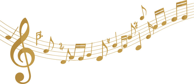 Musical notes illustration, golden music staff, melody vector design, treble clef art, sound wave symbol, creative harmony background, abstract music