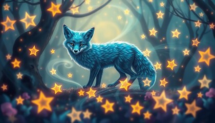 Dreamy blue fox amidst swirling stars, whimsical magical forest,  fantasy,  serenity
