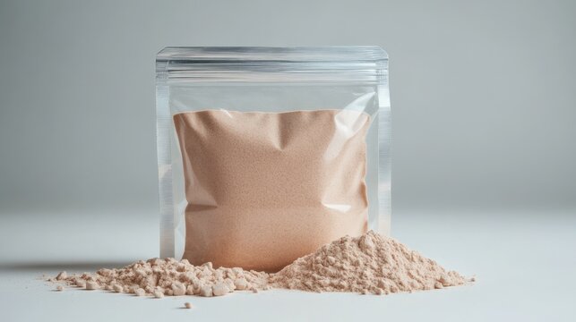 A Clear Plastic Bag of Brown Powder Posed Neatly on a Clean Surface