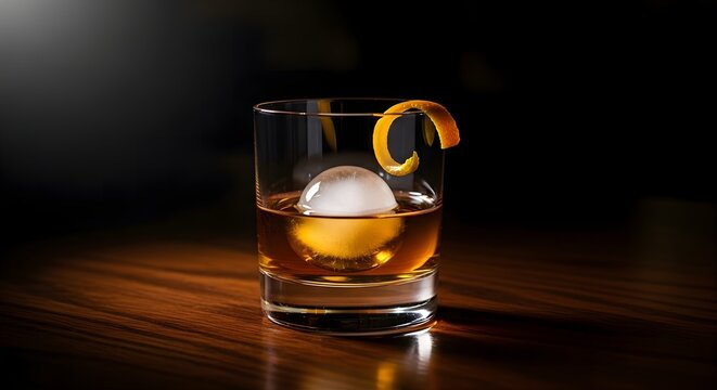 A sophisticated amber cocktail served on a large spherical ice ball with a delicate orange peel twist on a rustic wooden surface