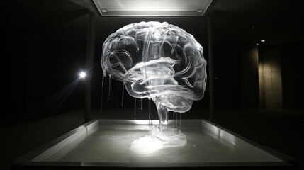 transience. Hyper-realistic brain sculpture crafted from fragile translucent ice, melting under spotlights into dark puddles. product launch decks