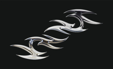 Abstract 3D chrome effect flame sigil with gothic tribal Y2K aesthetic, liquid mercury metallic reflections, futuristic tattoo artwork, and cyber-inspired digital illustration design elements.