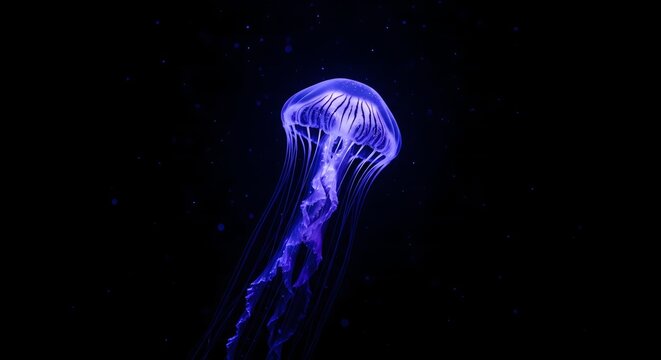 A mesmerizing bioluminescent purple jellyfish gracefully drifting through the dark, deep ocean waters, its tentacles glowing in the abyss