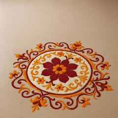 Elegant floral rangoli on the floor.