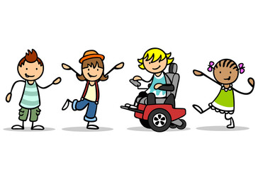 Vier Cartoon Kinder spielen mit Mädchen im Rollstuhl