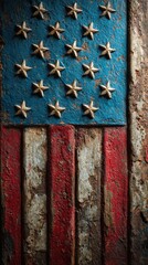Weathered United States flag displayed on a rustic wooden surface emphasizes the passage of time and history