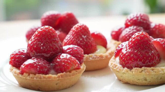 Close-up of delectable strawberry tarts on a white plate, capturing the freshness and sweetness of summer, perfect for food blogs and bakery promotions, tempting dessert.
