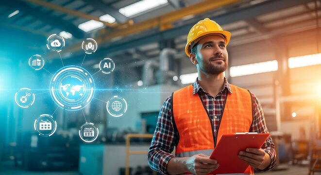 Smart Industry Worker with Clipboard and Technology Icons