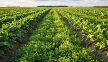 Medium shot of lush cover crops thriving between sugar beet rows demonstrating natural erosion control and soil health promotion in agricultural fields.