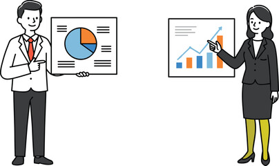 Businessman presenting pie chart and businesswoman explaining growth bar graph, professional teamwork presentation, corporate strategy, data analysis, financial success illustration