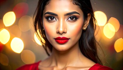 Close-up portrait of a woman with elegant makeup and a red dress