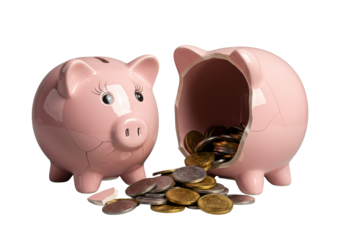 Photorealistic macro of a broken pink ceramic piggy bank, intricate fractures revealing gleaming silver and gold coins spilling on transparent background, concept of financial liberation