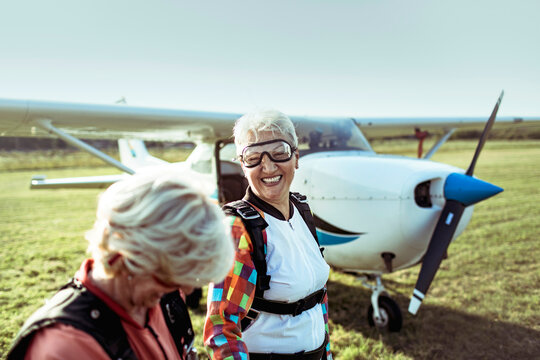 Senior women preparing for skydiving