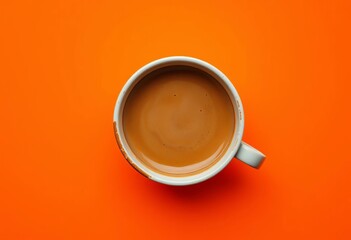 Overhead view of coffee cup, minimal design, orange background,  lifestyle,  abstract
