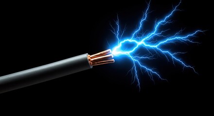 Fototapeta premium Intense blue electrical arc sparking from a severed power cable against a solid black backdrop, symbolizing energy and danger