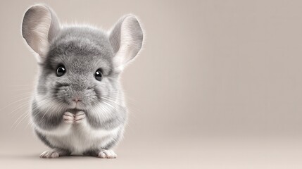 Obraz premium Charming gray chinchilla with fluffy fur and tiny paws adorable pet photography minimalist background close-up view