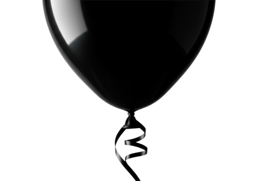 Perfectly taut, hyper-glossy black balloon resembling obsidian, with a silky black ribbon dynamically coiling on a transparent background with dramatic studio lighting, concept of elegant minimalism