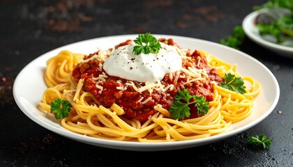A plate of spaghetti with a hearty meat sauce, topped with a creamy sauce and sprinkled with cheese, is presented on a dark surface.