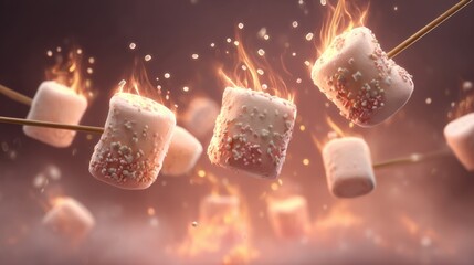 Sizzling marshmallows on sticks campfire gathering food illustration nighttime adventure close-up view fun and flavor