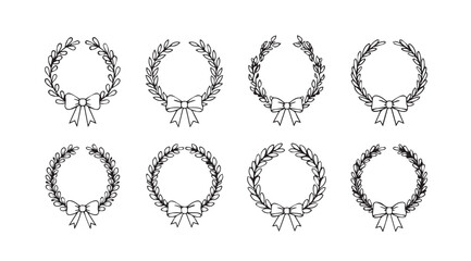 Collection of ornate oval floral wreaths with bows silhouette