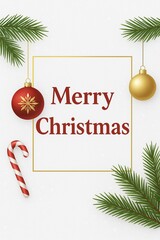 Elegant Merry Christmas card with gold frame, red and gold ornaments, and festive holiday elements on white background.

