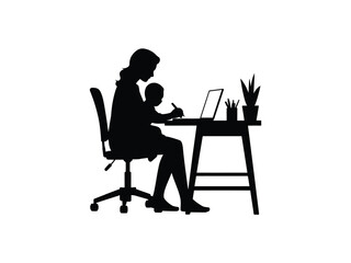 Silhouette of a mother working on a laptop with her baby