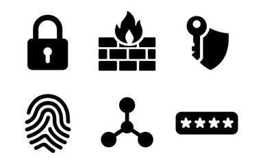 Digital security icons featuring lock, firewall, key shield, fingerprint, network, and password for technology design