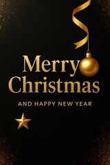 Elegant Merry Christmas greeting card with golden ornaments and festive holiday decorations on black background.