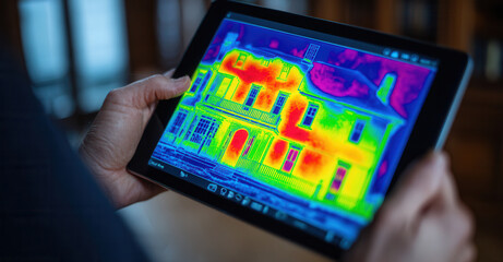 Thermal imaging device displays heat patterns of a historic house during an energy audit in bright colors