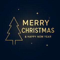 Minimalist Merry Christmas and Happy New Year greeting card with golden line art Christmas tree on dark blue background.
