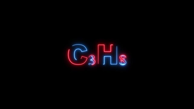 Neon chemical formula C3 H8 in red and blue against black background C3H8 propane