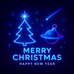 Futuristic neon Christmas card with glowing tree and planet, modern holiday background.
