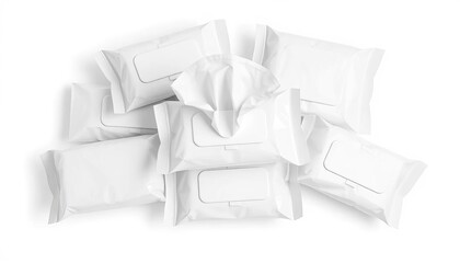 Several sealed flow packs of white wet wipes, isolated on white,  freshness,  tissue