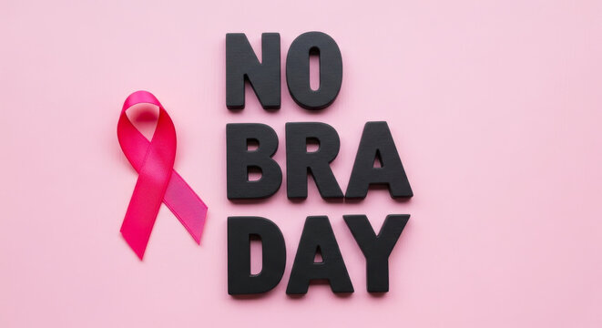 Pink ribbon and bold letters spelling no bra day against a soft pink background - Powered by Adobe