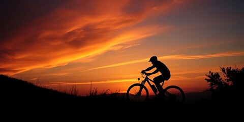 Obraz premium Silhouette of cyclist on mountain bike at sunset, skill, majestic