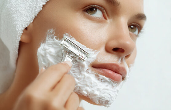 Woman shaving her face with a razor and shaving cream in a bright bathroom during morning routine