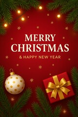 Classic red Christmas card with golden ornaments and wrapped gift box, festive holiday background.
