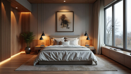 Luxurious and Serene Modern Bedroom with Warm Ambient Lighting, Rich Wooden Accents, a Plush Bed, and a Tranquil Window Overlooking a Muted Natural Landscape, Perfect for Relaxation and Contemporary 