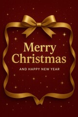 Luxury red Christmas card with golden ribbon and festive ornaments, elegant holiday design.

