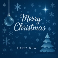 Blue Christmas greeting card with snowflakes and ornament, elegant winter holiday background.