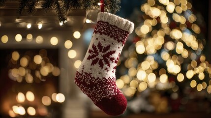 Knitted Christmas stocking with snowflake design hanging from a fireplace mantelpiece decorated with festive string lights