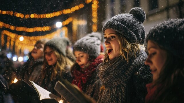 Young women caroling outdoors during a snowy winter night with festive lights and warm illumination
