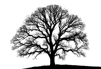Stark black silhouette of a tree against a white background,  drawing,  elegant