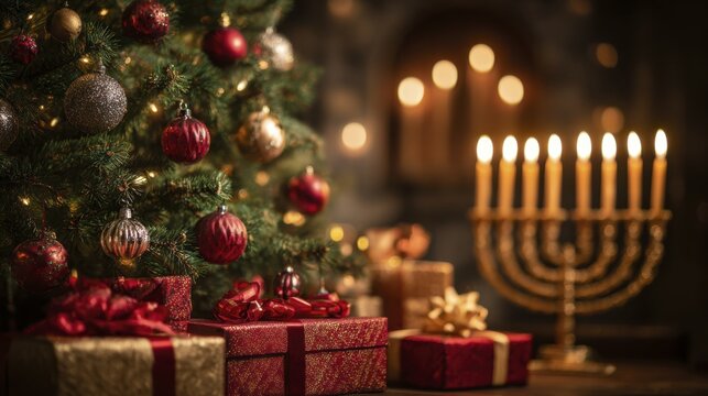 Festive Christmas tree with and gold ornaments, wrapped gifts, and glowing menorah candles