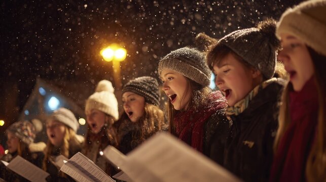 Young people singing carols outdoors in falling at night