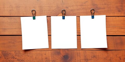 Three blank paper notes with clips on rustic wood background,   surface,   information