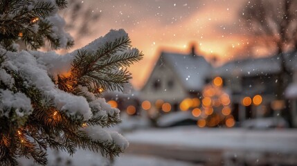 -covered fir tree branches illuminated with warm string lights during a peaceful winter sunset in a neighborhood