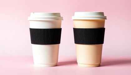 Two disposable coffee cups with lids and sleeves, pastel background,  eco-friendly,  template